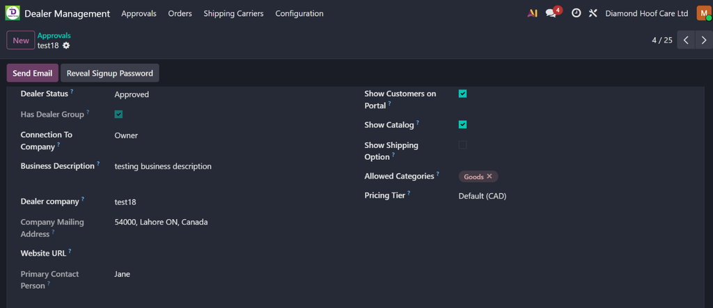 Odoo 19 Dealer Management Portal & Order Workflow
