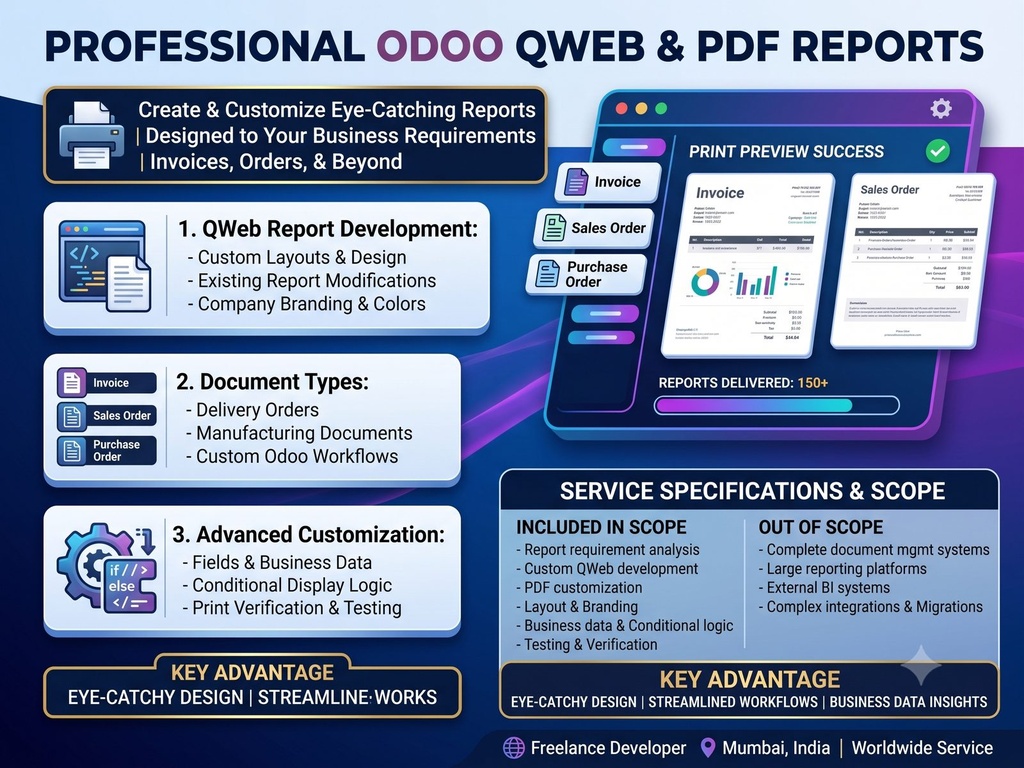 I will create and customize Odoo PDF and QWeb reports