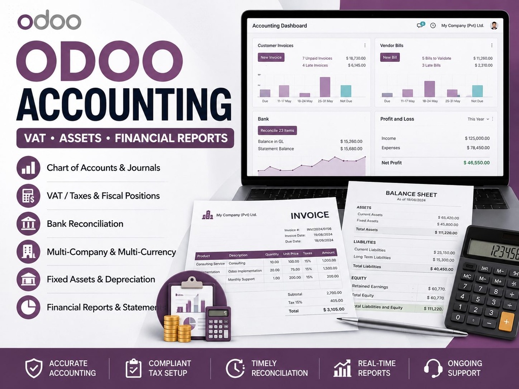 I will configure Odoo Accounting VAT assets and financial reports