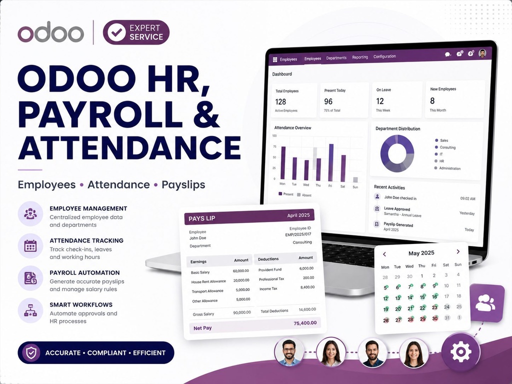 I will configure Odoo HR Payroll attendance and employee workflows