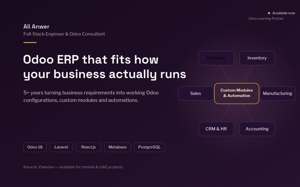 Odoo 18 ERP Implementation, Customization & Support (Inventory, Manufacturing, Accounting, Sales, Purchase, HR)