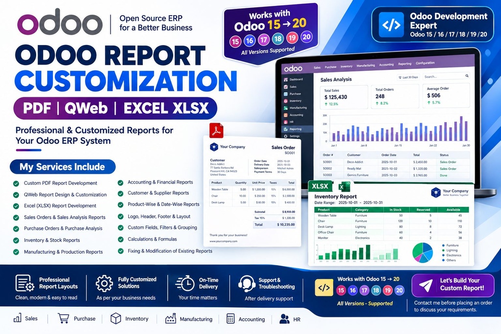 I will customize Odoo PDF, QWeb, and XLSX reports for your ERP